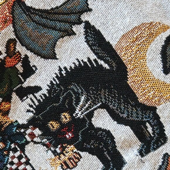 Vtg Halloween-Themed Tapestry Table Runner With Black Tassel Ends - Picture 7 of 11